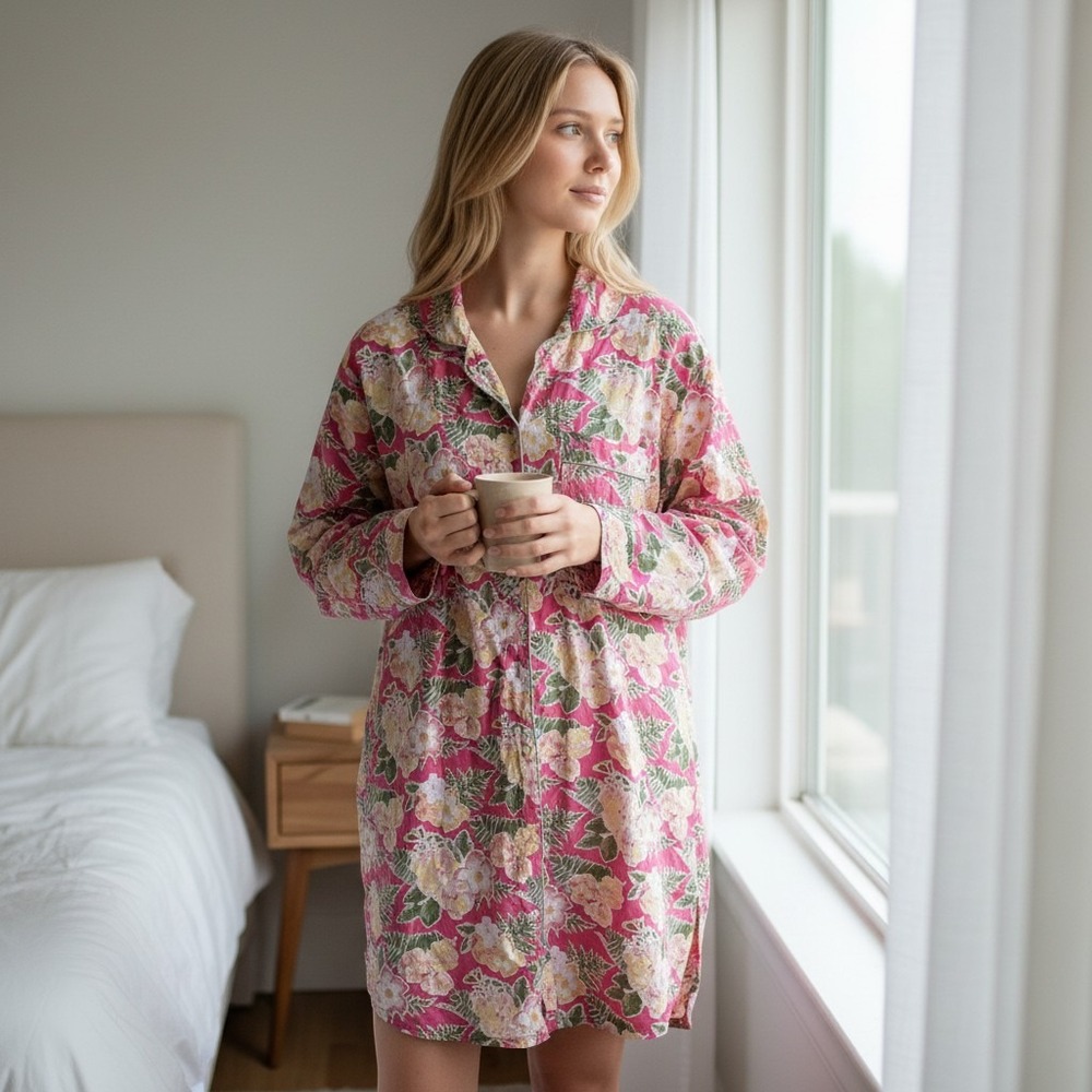 Mahogany Women Pink Floral Cotton Nightshirt Long Sleeve Button Front Sleep L